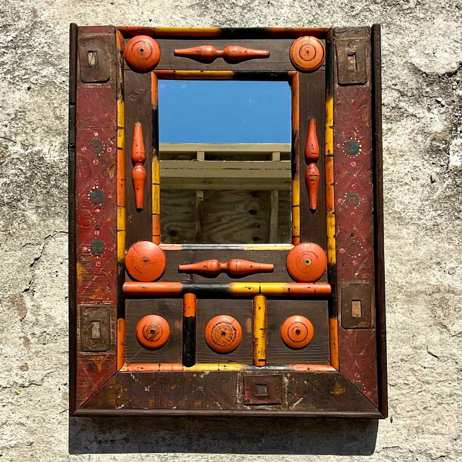 Vintage Boho Found Object Assemblage Mirror - Top view