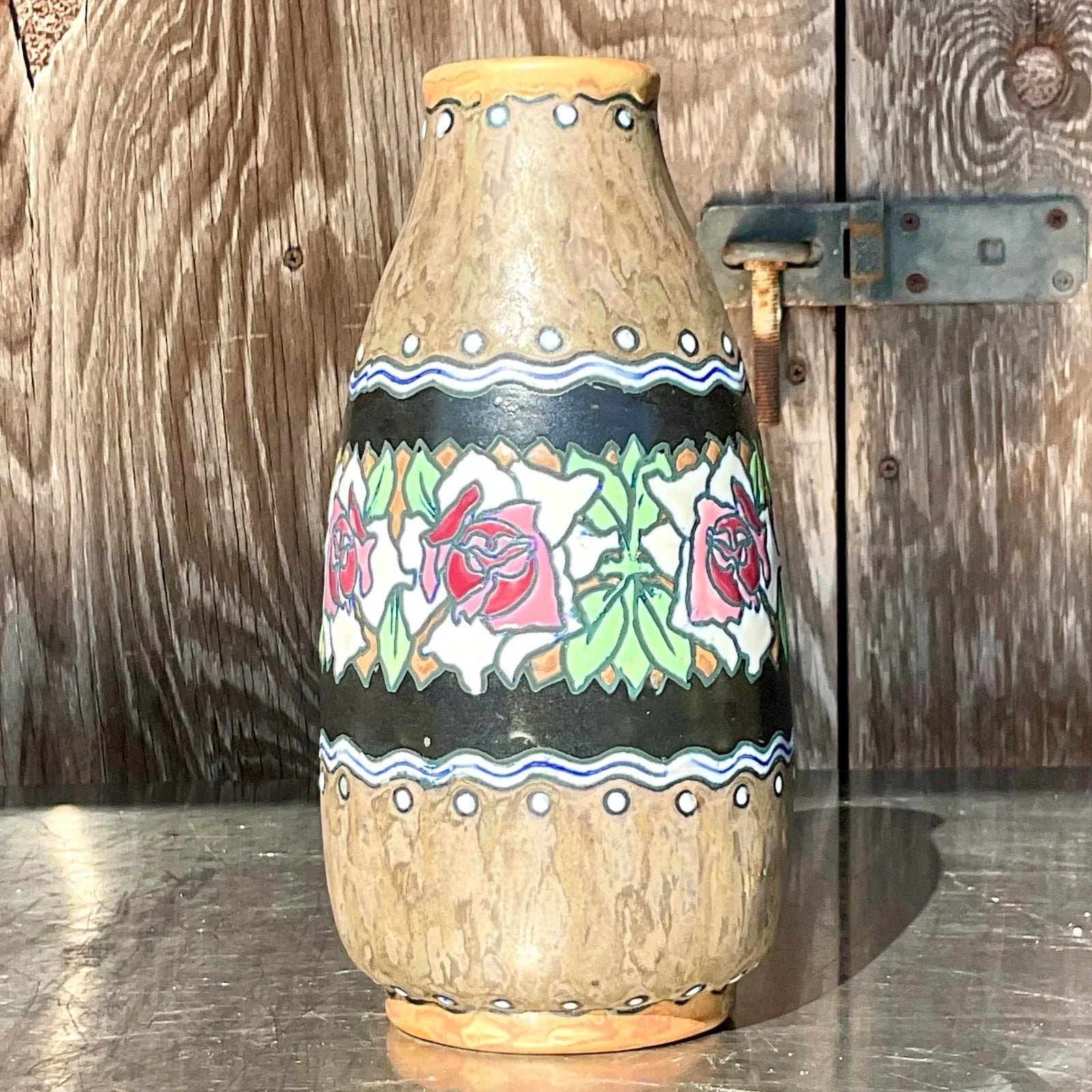 Vintage Boho Charles Catteau for Boch Freres Keramis Hand Painted Vase - Detail view