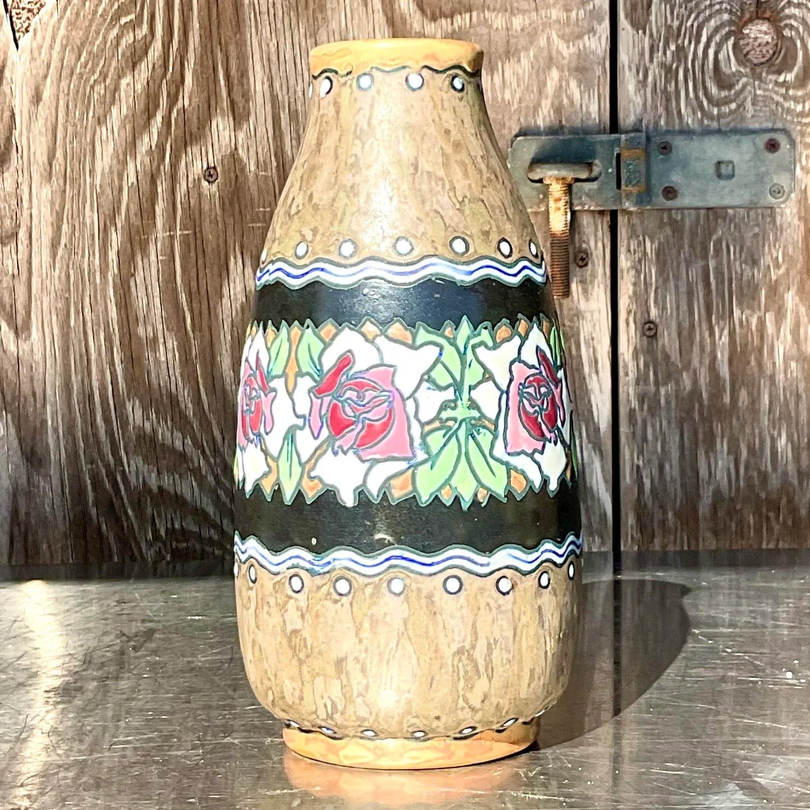 Vintage Boho Charles Catteau for Boch Freres Keramis Hand Painted Vase - Side view
