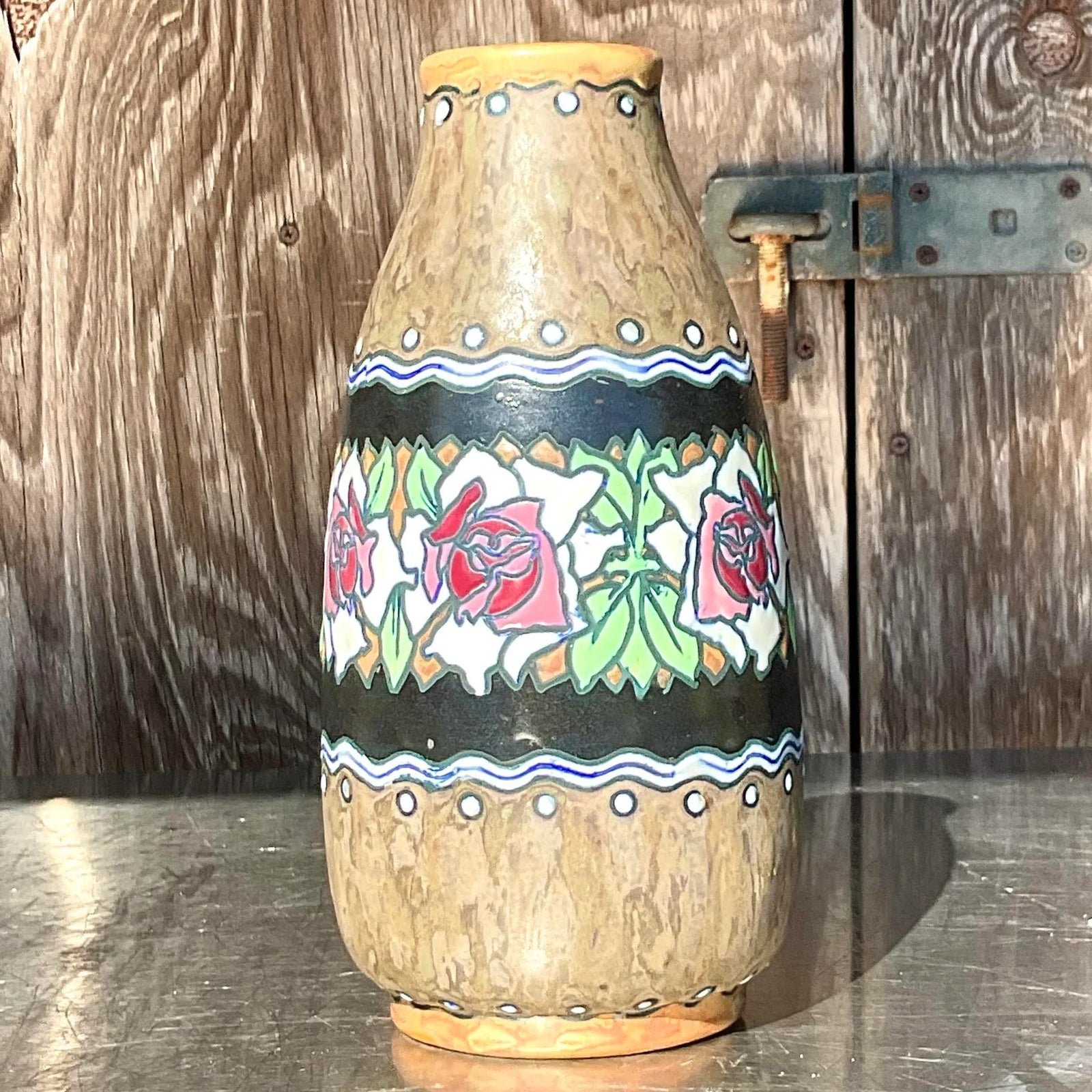 Vintage Boho Charles Catteau for Boch Freres Keramis Hand Painted Vase - Top view