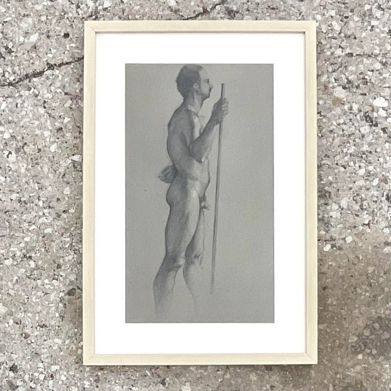 Vintage Boho Original Drawing of Nude Male - Detail view