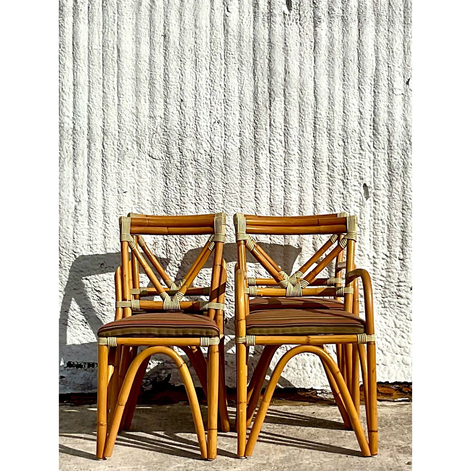 Vintage Coastal Bent Rattan Dining Chairs - Set of Four - Side view