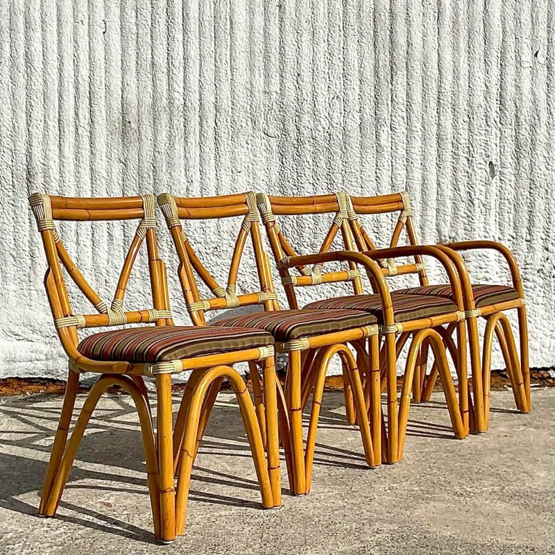 Vintage Coastal Bent Rattan Dining Chairs - Set of Four - Back view