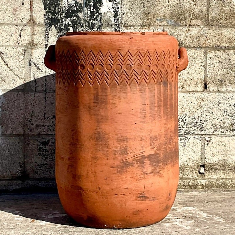 Vintage Boho Chevron Stripe Terra Cotta Planter - Detail view