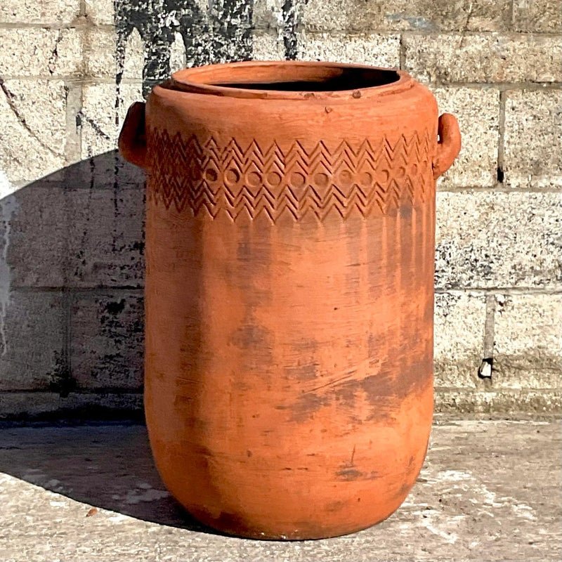 Vintage Boho Chevron Stripe Terra Cotta Planter - Side view