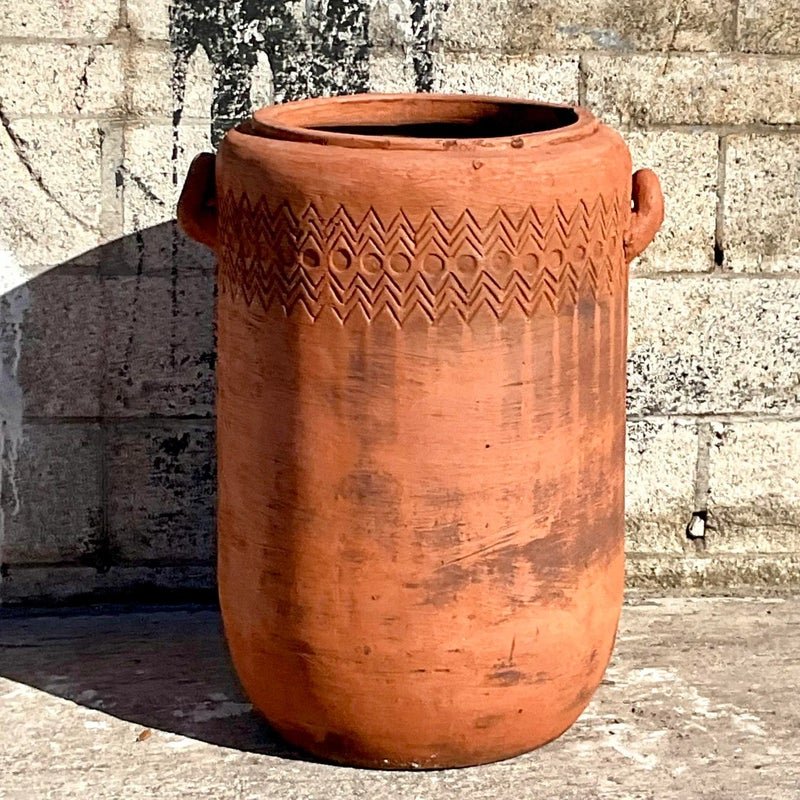 Vintage Boho Chevron Stripe Terra Cotta Planter - Back view