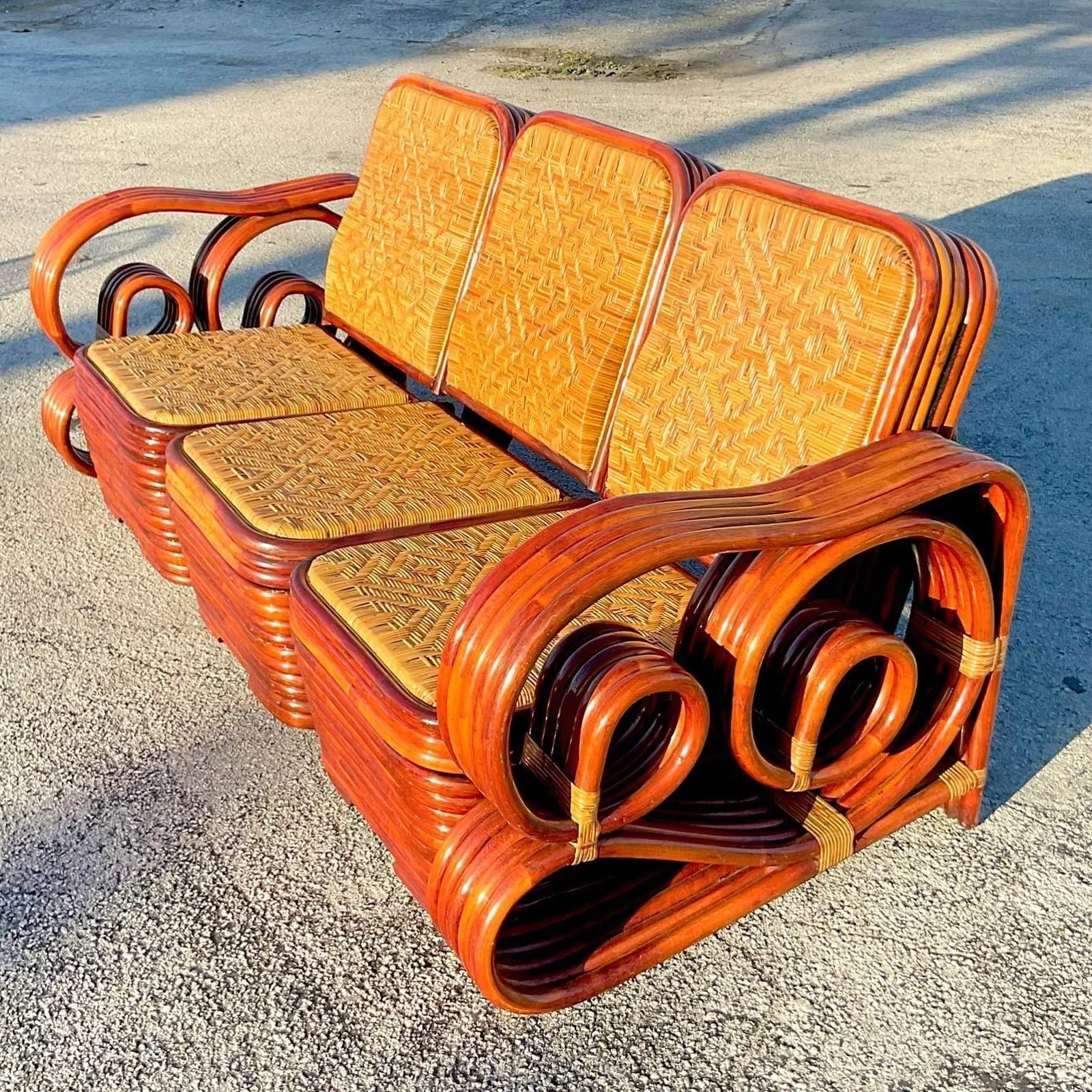 Vintage Coastal Scroll Rattan With Woven Rattan Seats 3 Piece Sofa - Back view