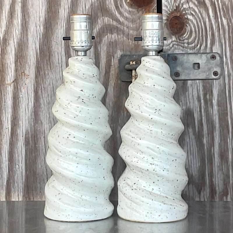 Vintage Glazed Ceramic Twist Table Lamps - a Pair - Side view