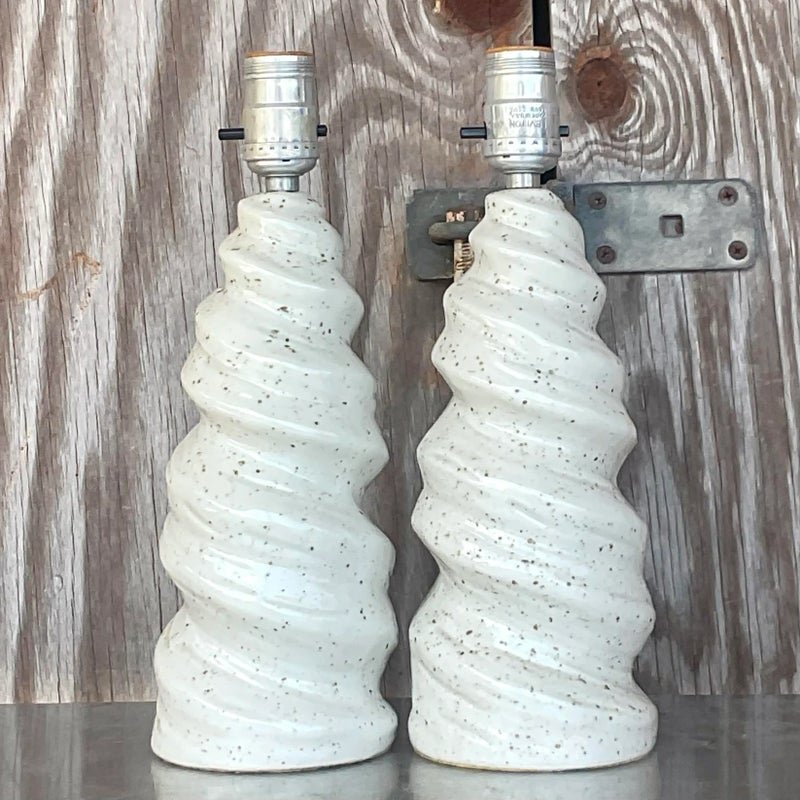 Vintage Glazed Ceramic Twist Table Lamps - a Pair - Back view