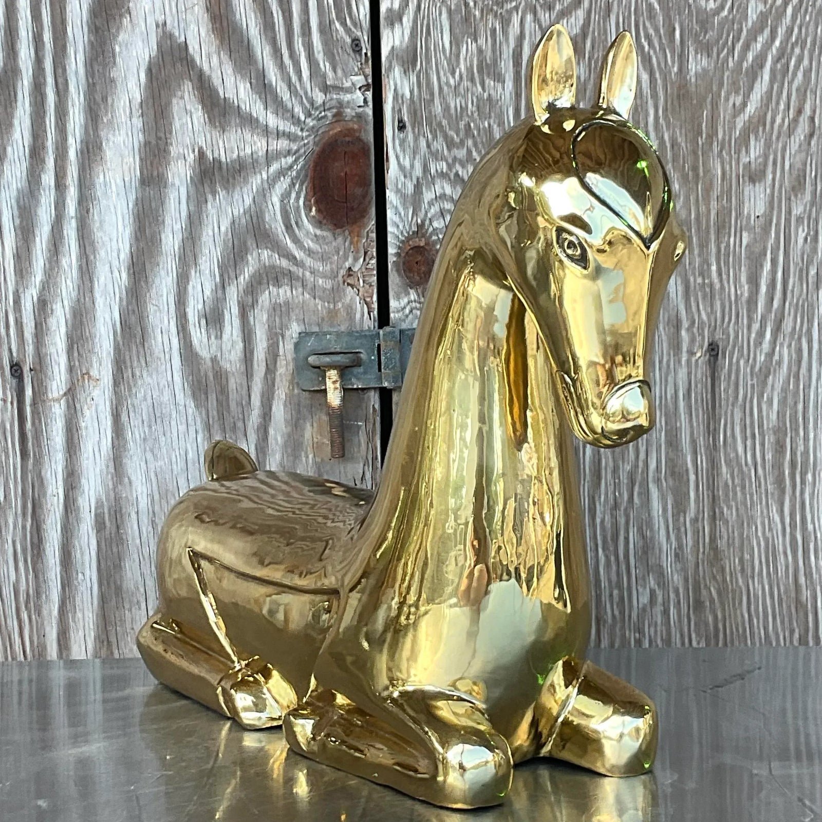 Vintage Regency Polished Brass Horse After Maitland Smith - Side view