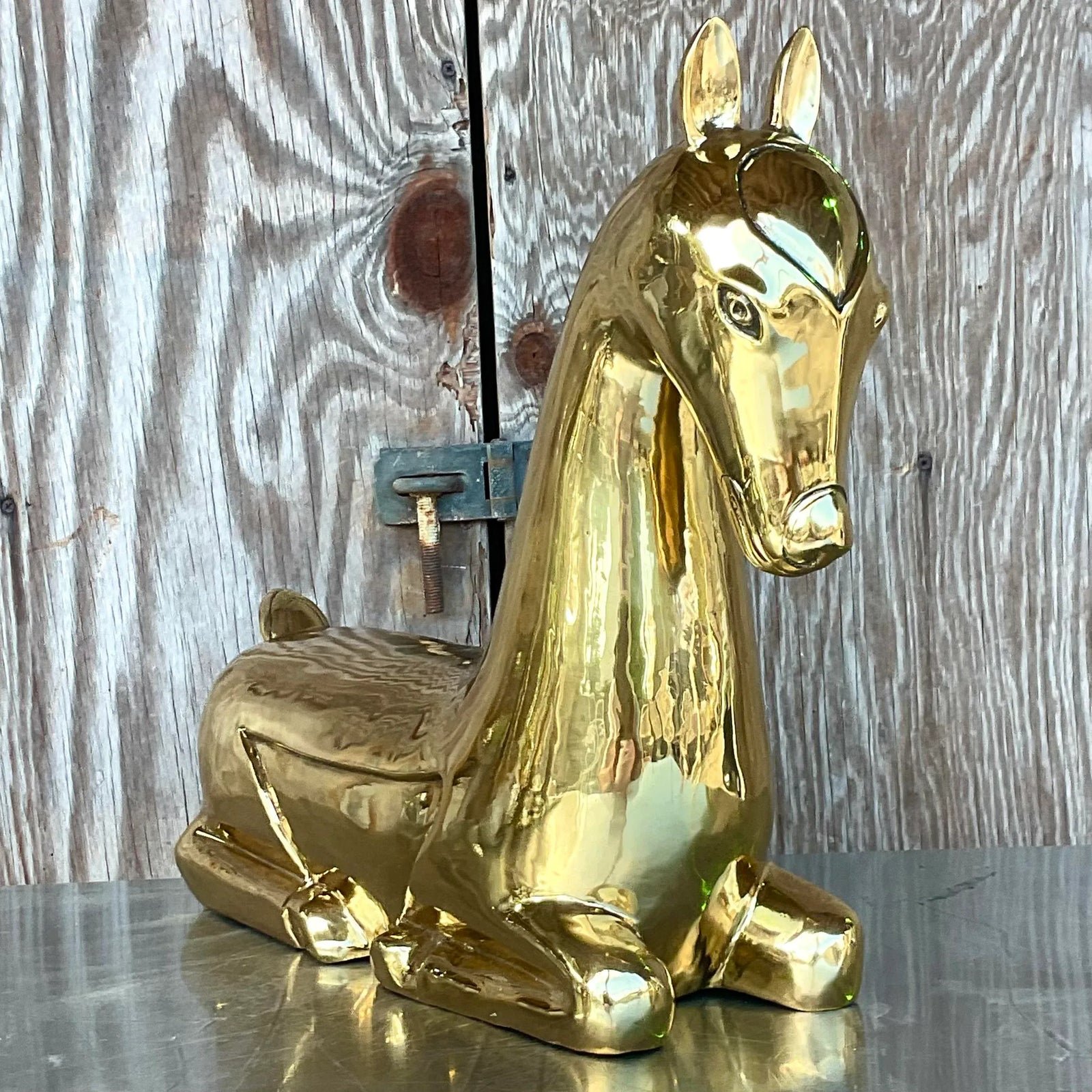 Vintage Regency Polished Brass Horse After Maitland Smith - Back view