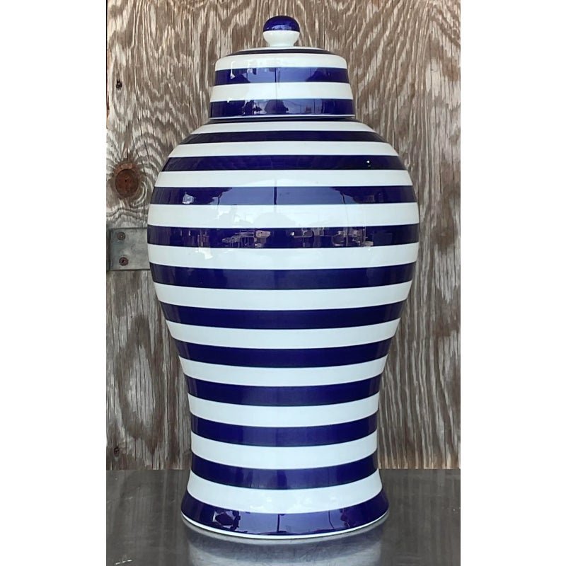 Vintage Contemporary Glazed Ceramic Striped Ginger Jar - Detail view
