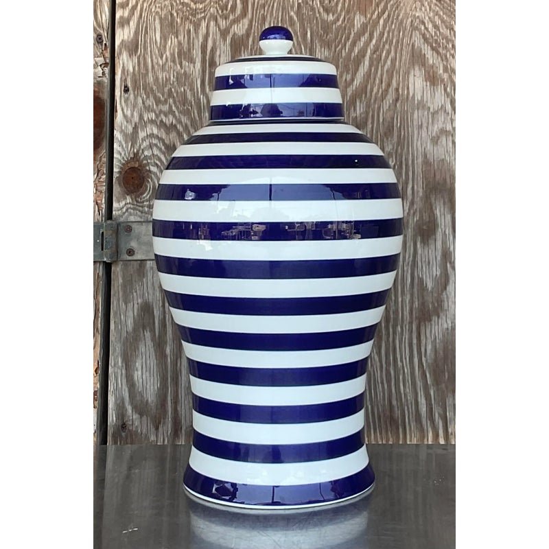 Vintage Contemporary Glazed Ceramic Striped Ginger Jar - Side view