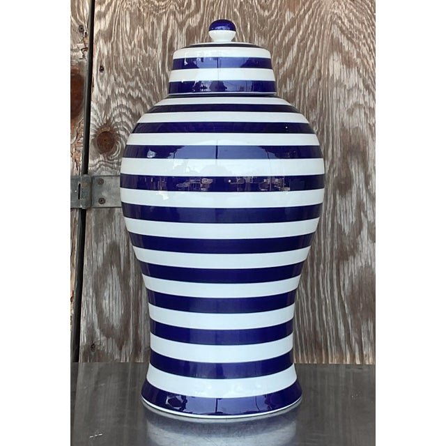 Vintage Contemporary Glazed Ceramic Striped Ginger Jar - Top view