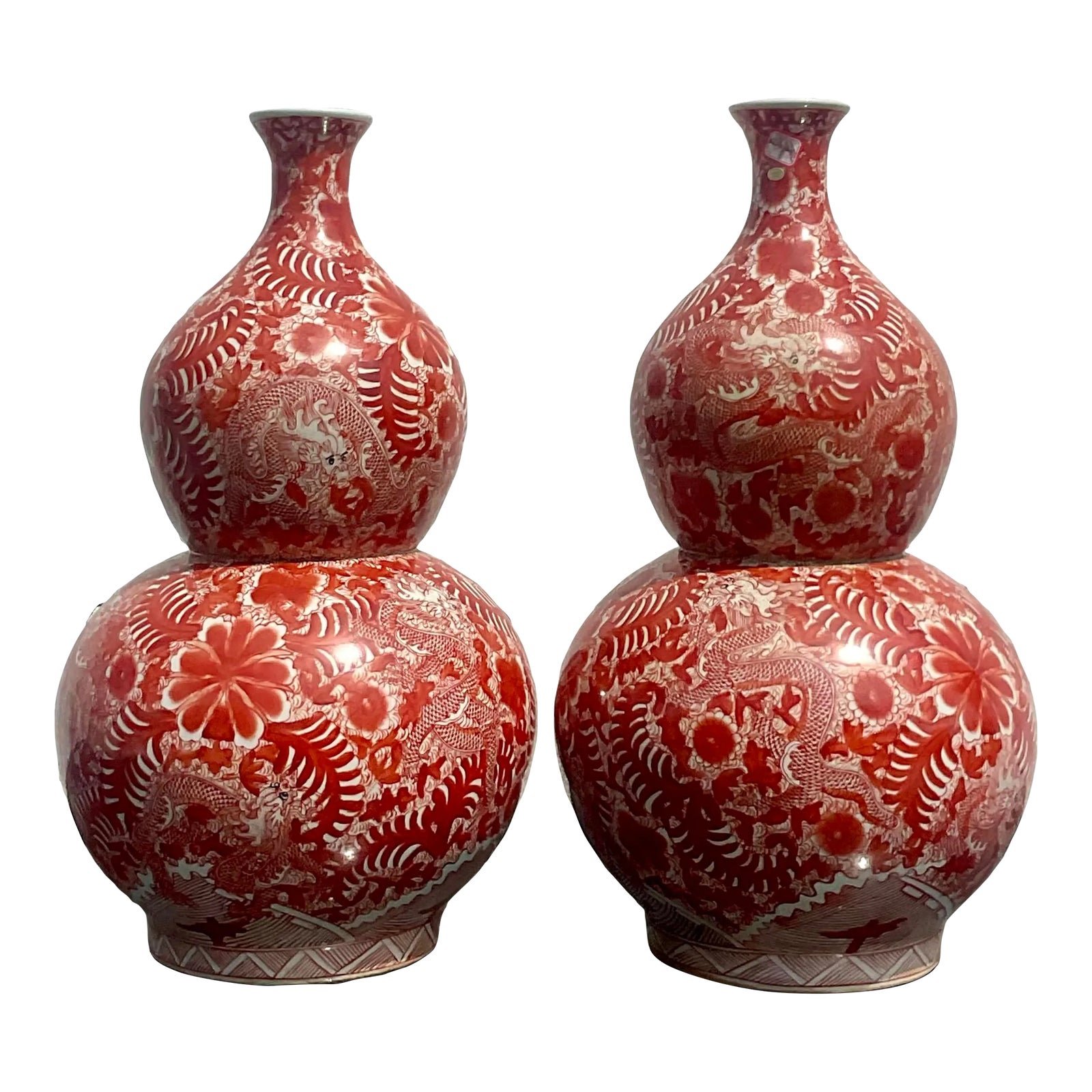Vintage Asian Glazed Ceramic Double Gourd Vase- a Pair