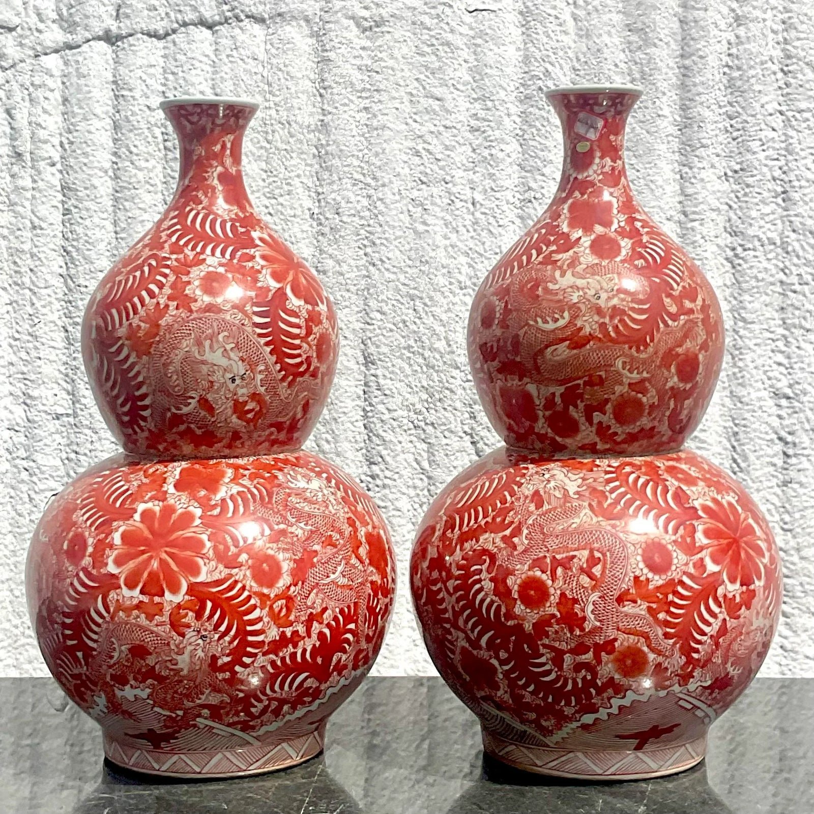 Vintage Asian Glazed Ceramic Double Gourd Vase- a Pair - Detail view