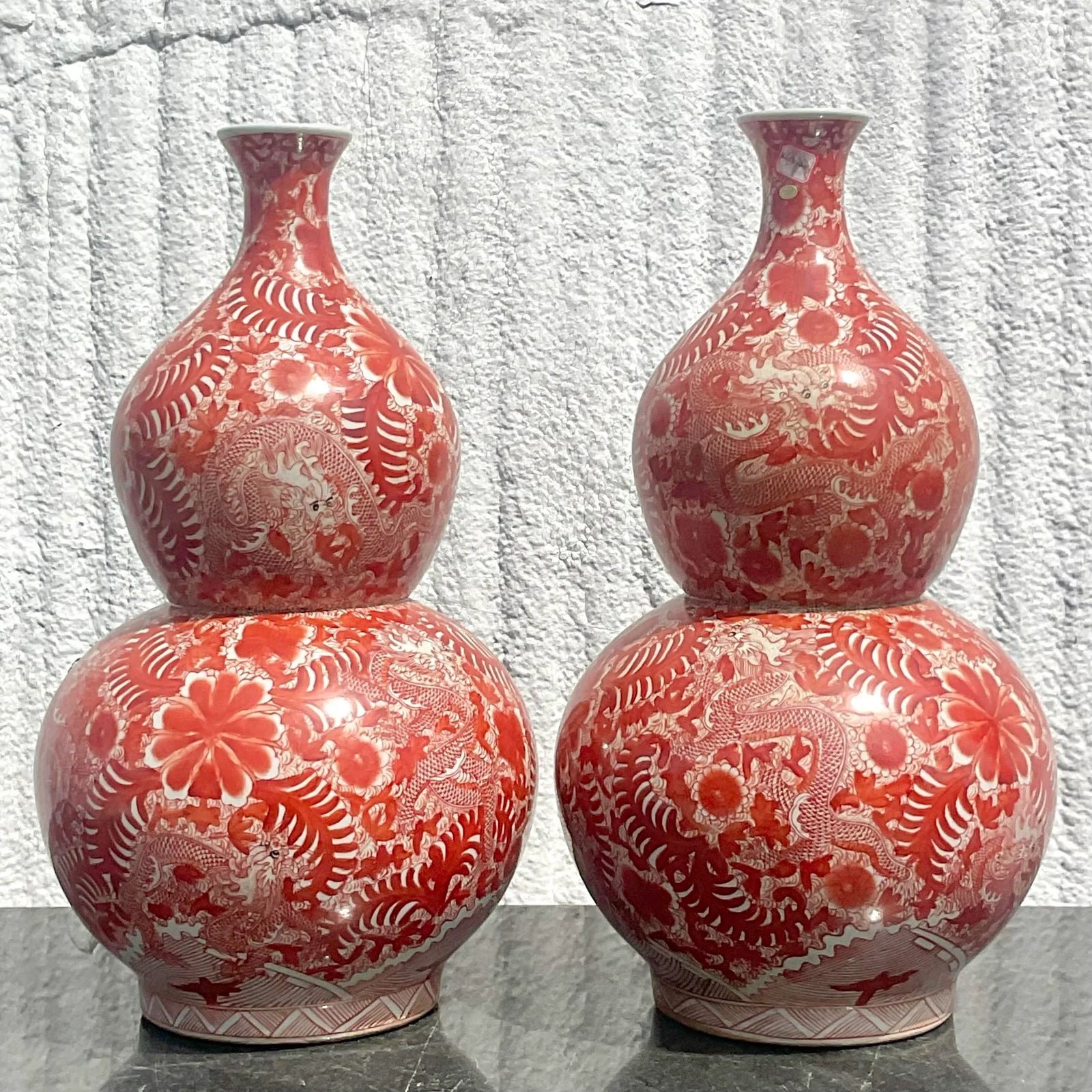 Vintage Asian Glazed Ceramic Double Gourd Vase- a Pair - Side view