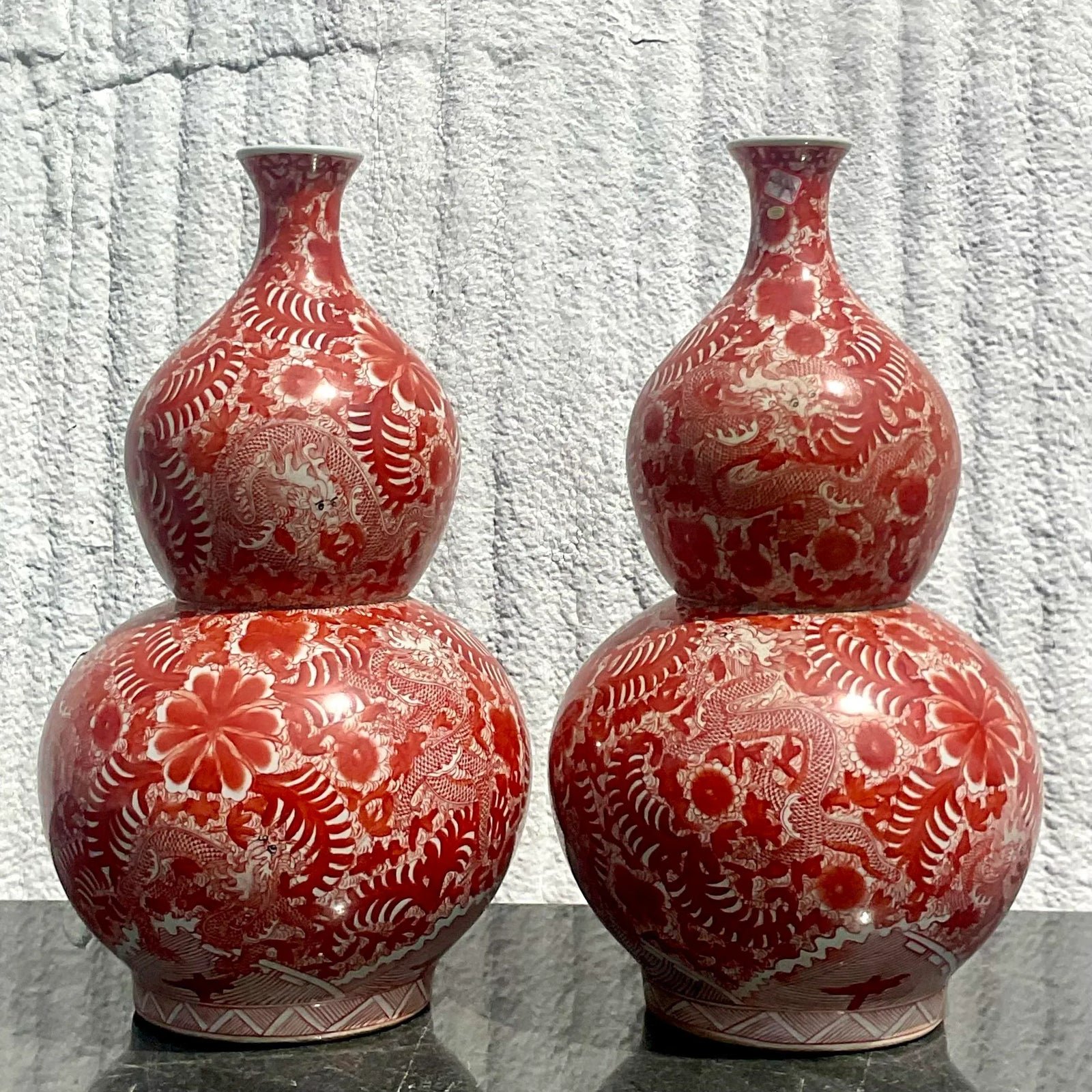 Vintage Asian Glazed Ceramic Double Gourd Vase- a Pair - Back view