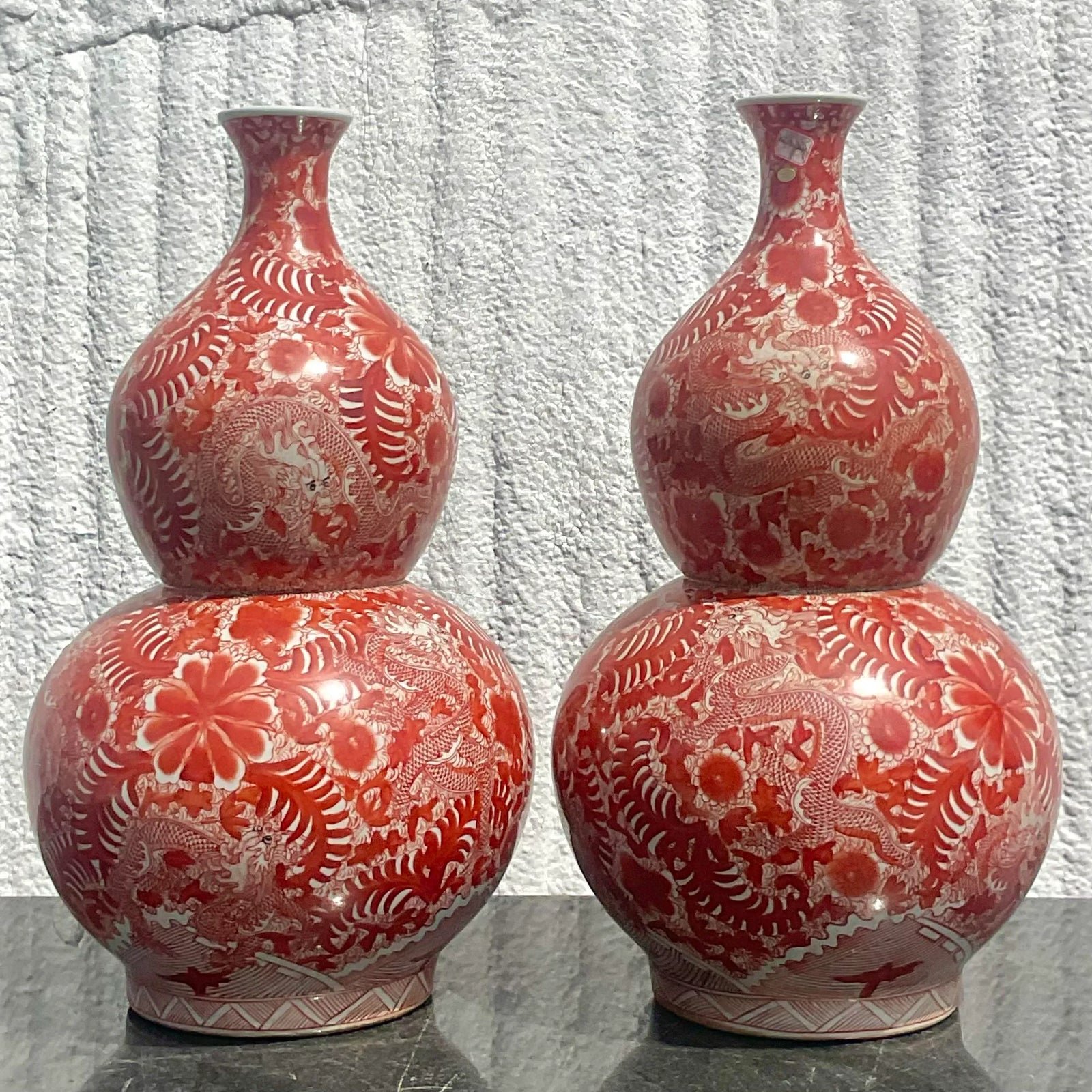 Vintage Asian Glazed Ceramic Double Gourd Vase- a Pair - Top view