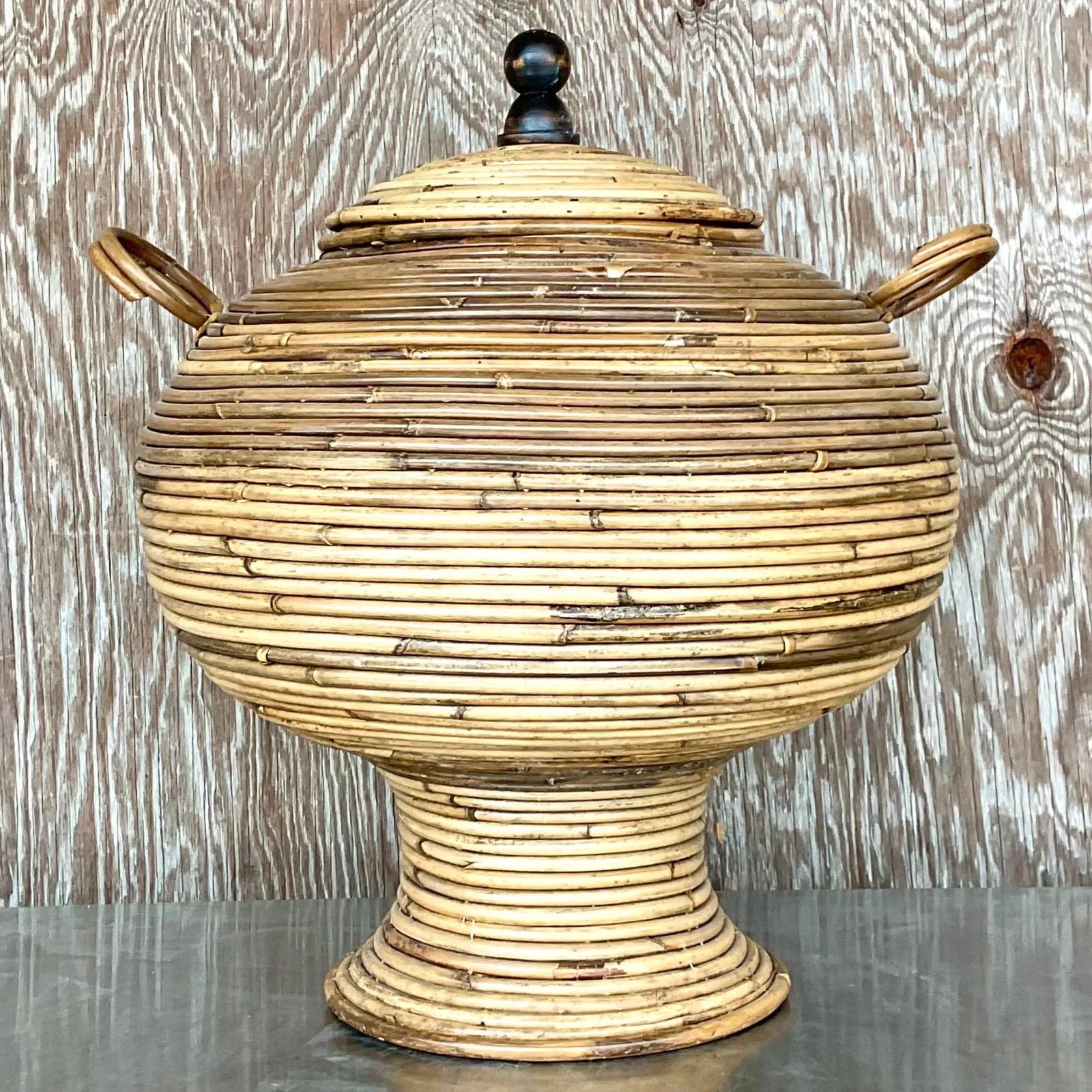 Vintage Coastal Pencil Reed Lidded Urn - Detail view