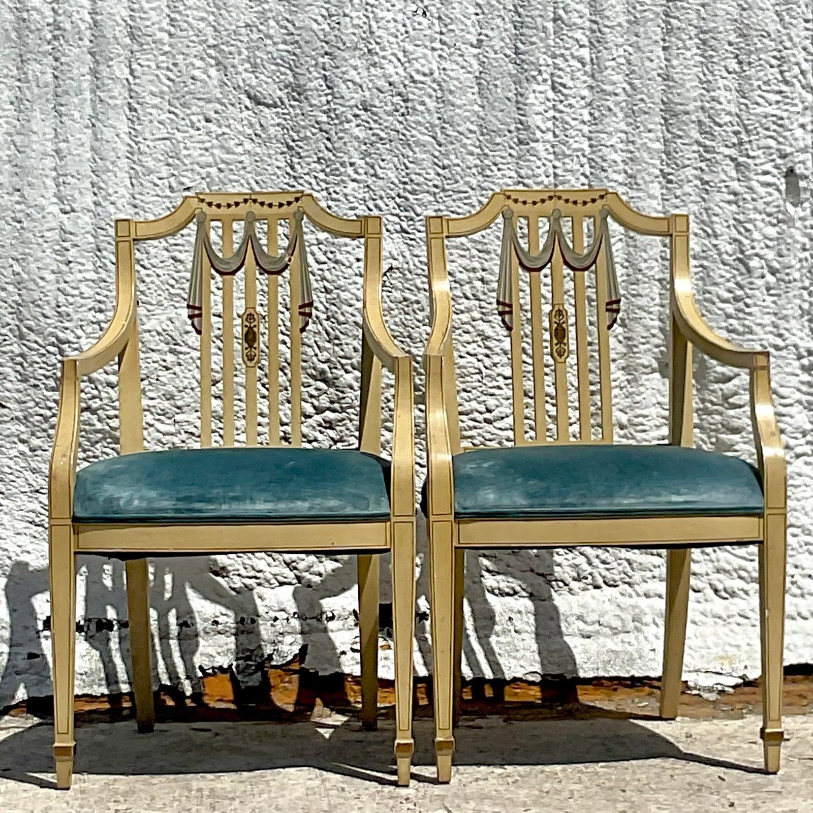 Vintage Regency Hand Painted Tromp L’oiel Swag Arm Chairs - a Pair - Detail view