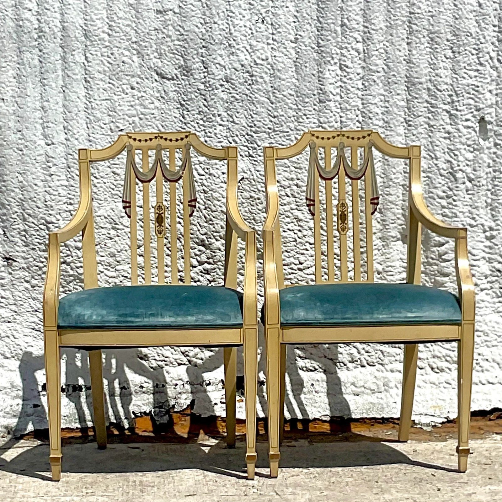 Vintage Regency Hand Painted Tromp L’oiel Swag Arm Chairs - a Pair - Side view