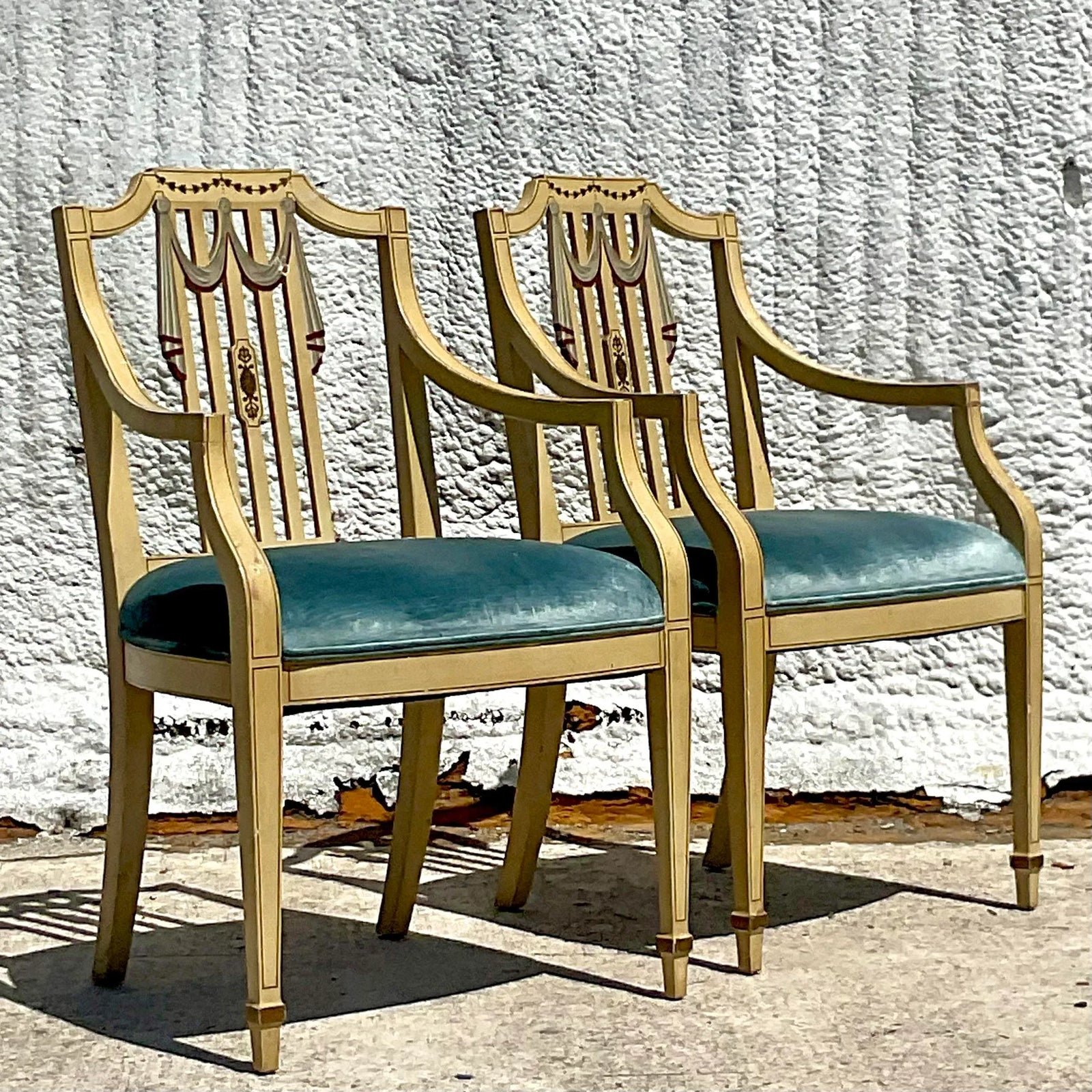 Vintage Regency Hand Painted Tromp L’oiel Swag Arm Chairs - a Pair - Top view