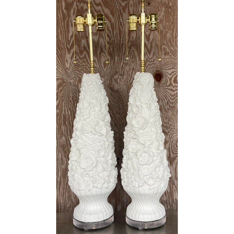 Vintage Coastal Monumental Plaster Floral Table Lamps - a Pair - Detail view