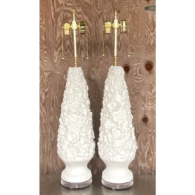 Vintage Coastal Monumental Plaster Floral Table Lamps - a Pair - Back view