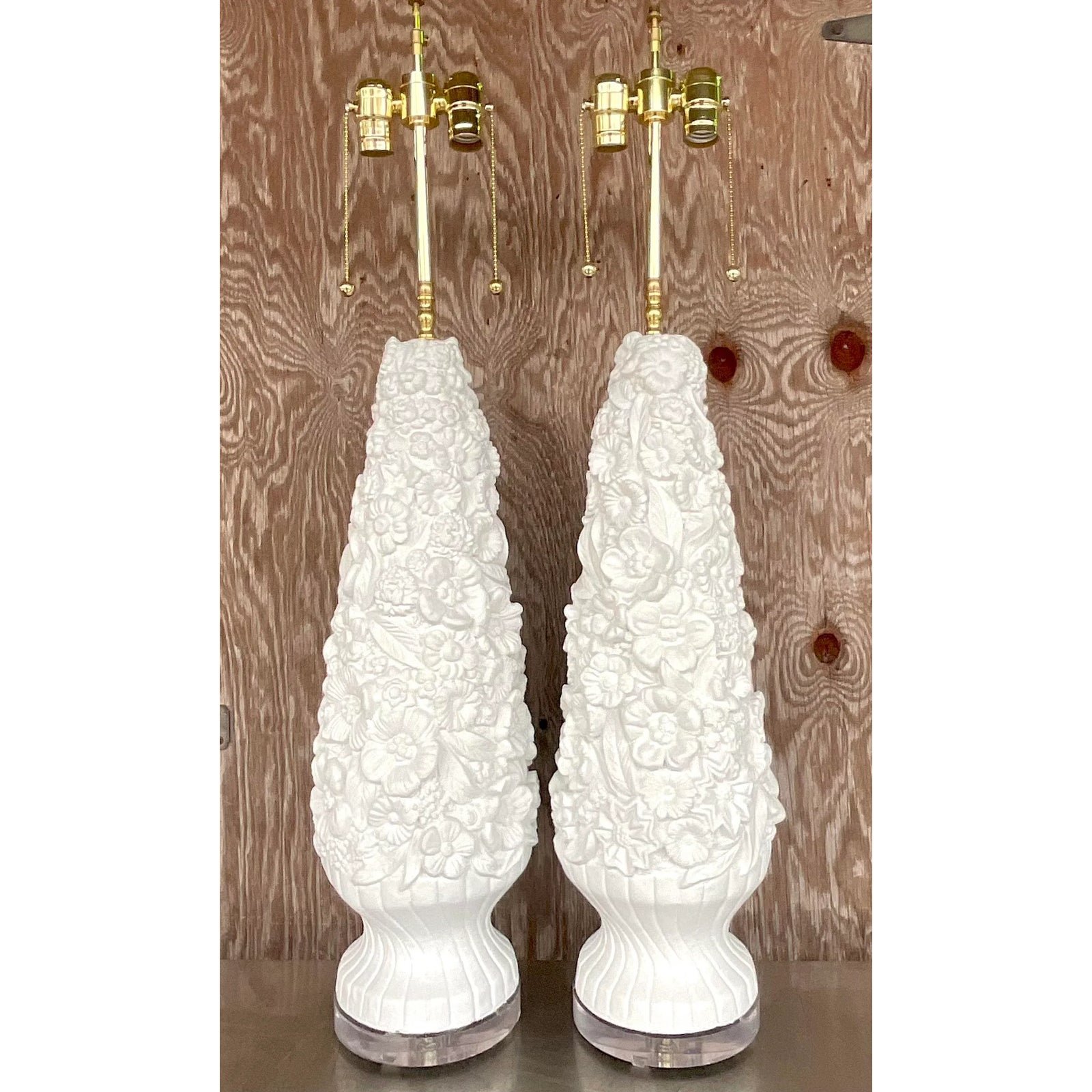 Vintage Coastal Monumental Plaster Floral Table Lamps - a Pair - Top view