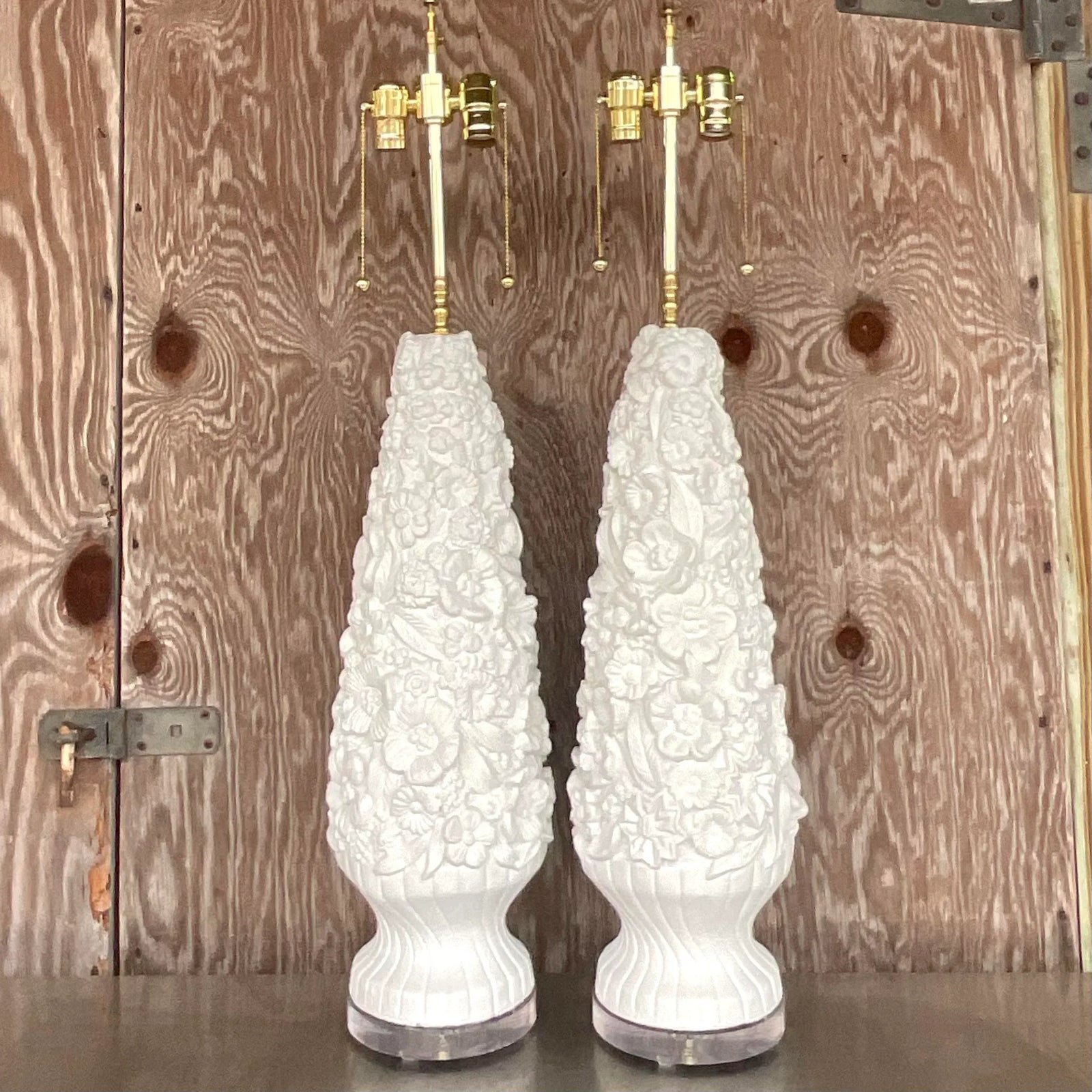 Vintage Coastal Monumental Plaster Floral Table Lamps - a Pair - Side view