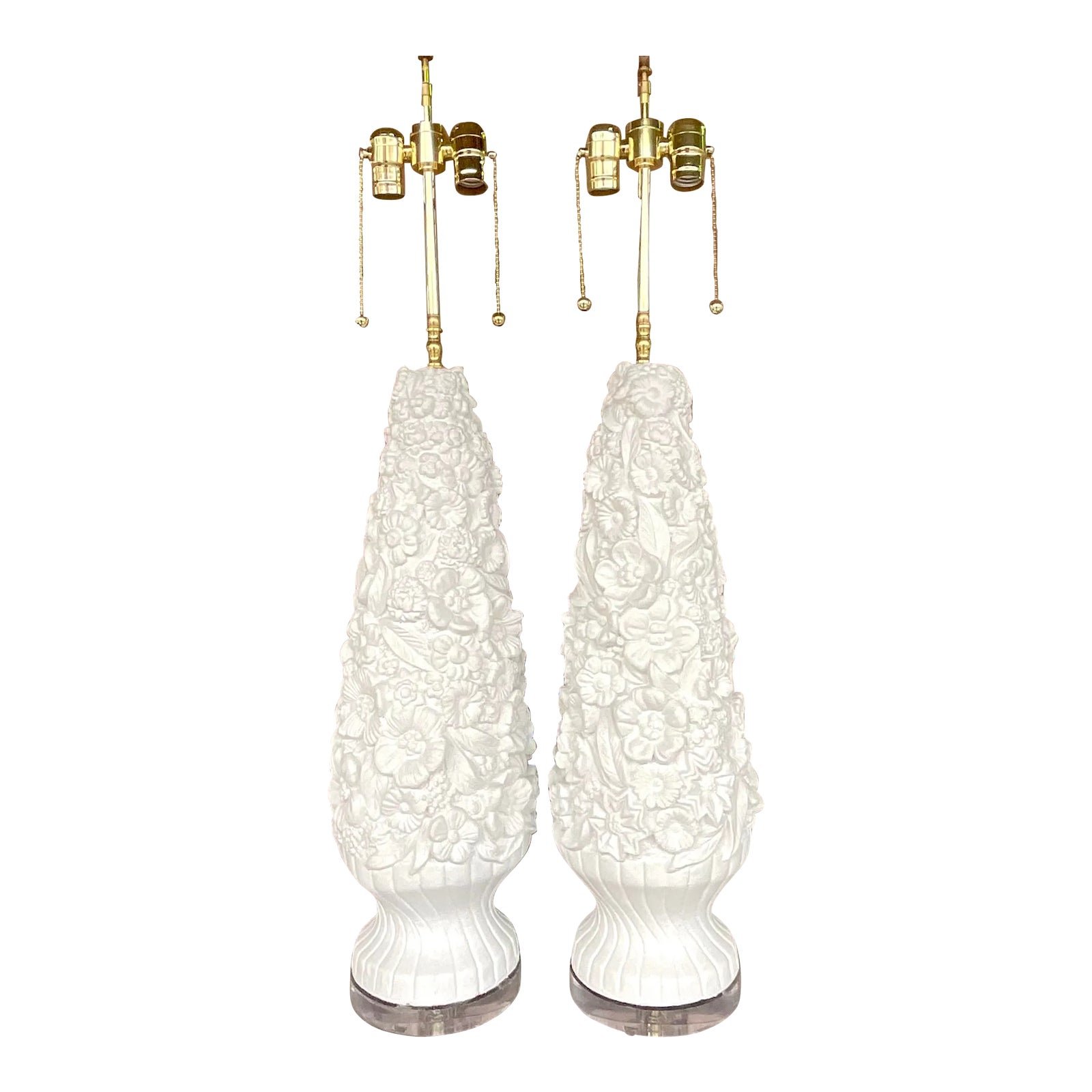 Vintage Coastal Monumental Plaster Floral Table Lamps - a Pair