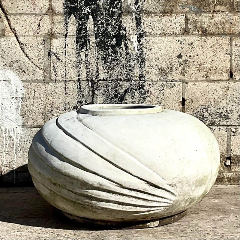 Vintage White Deco Style Terracotta Planter With Ridges - Side view