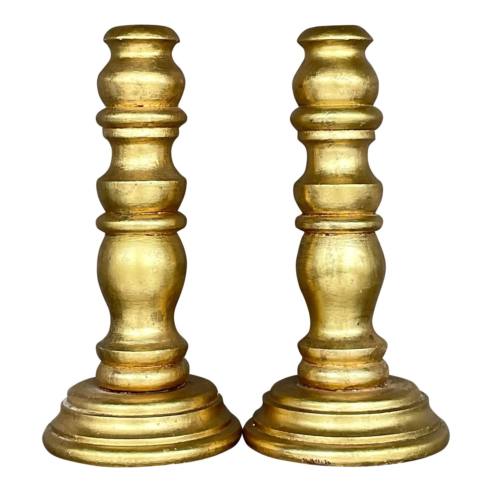 Vintage Gilt Turned Wood Candlesticks- a Pair