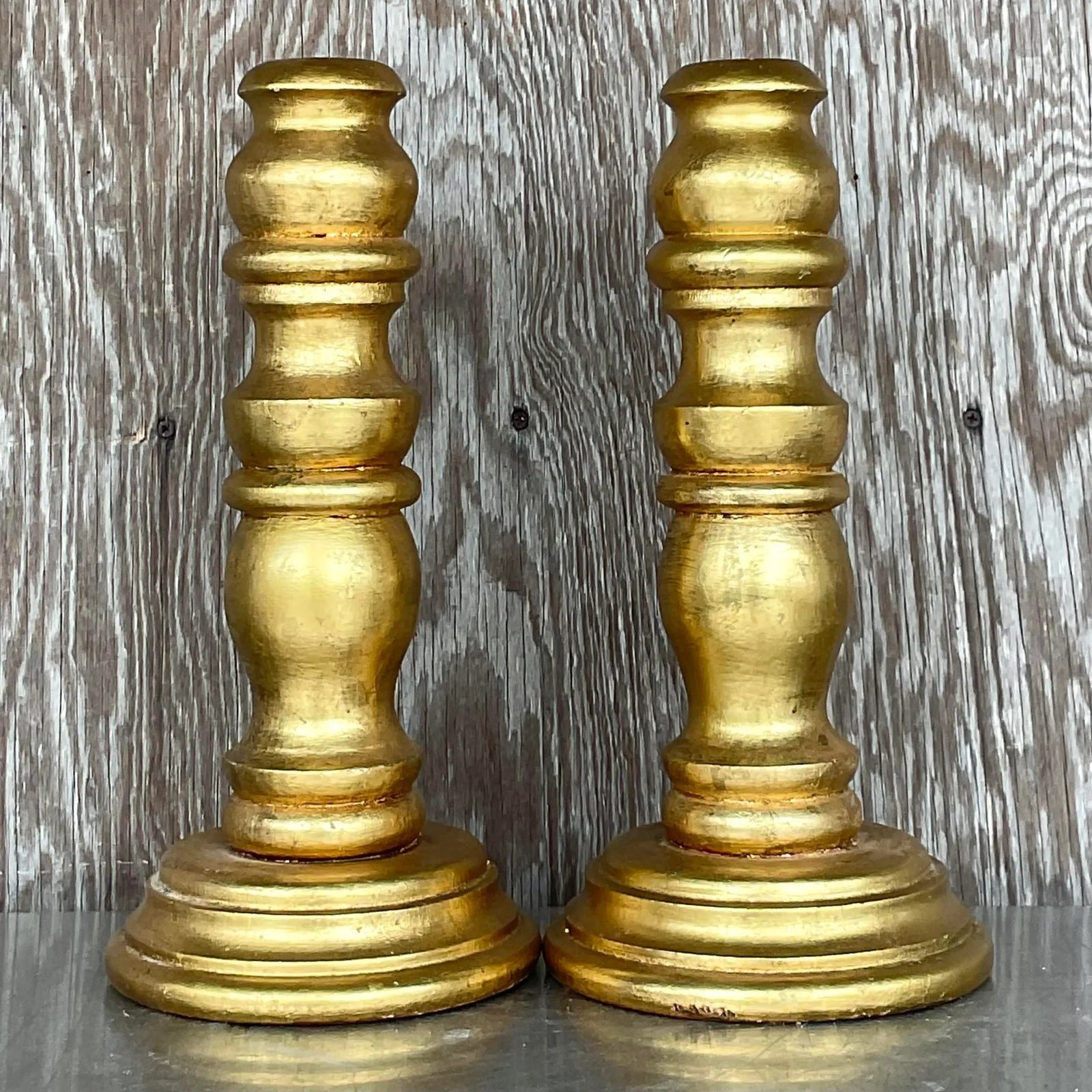 Vintage Gilt Turned Wood Candlesticks- a Pair - Detail view