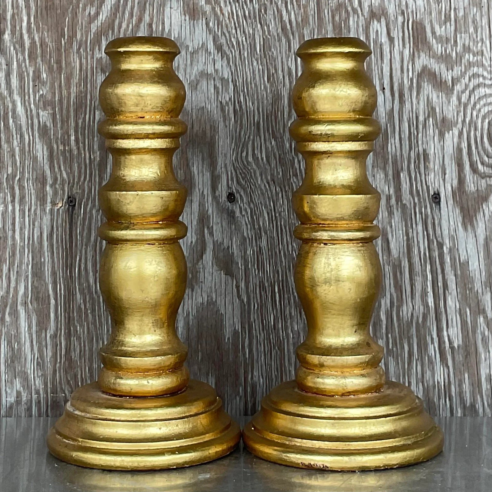 Vintage Gilt Turned Wood Candlesticks- a Pair - Side view