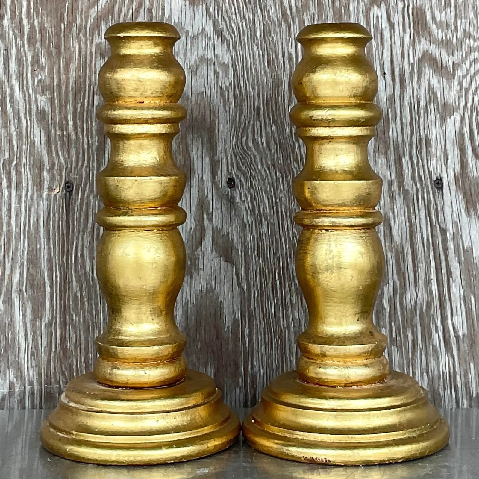 Vintage Gilt Turned Wood Candlesticks- a Pair - Back view