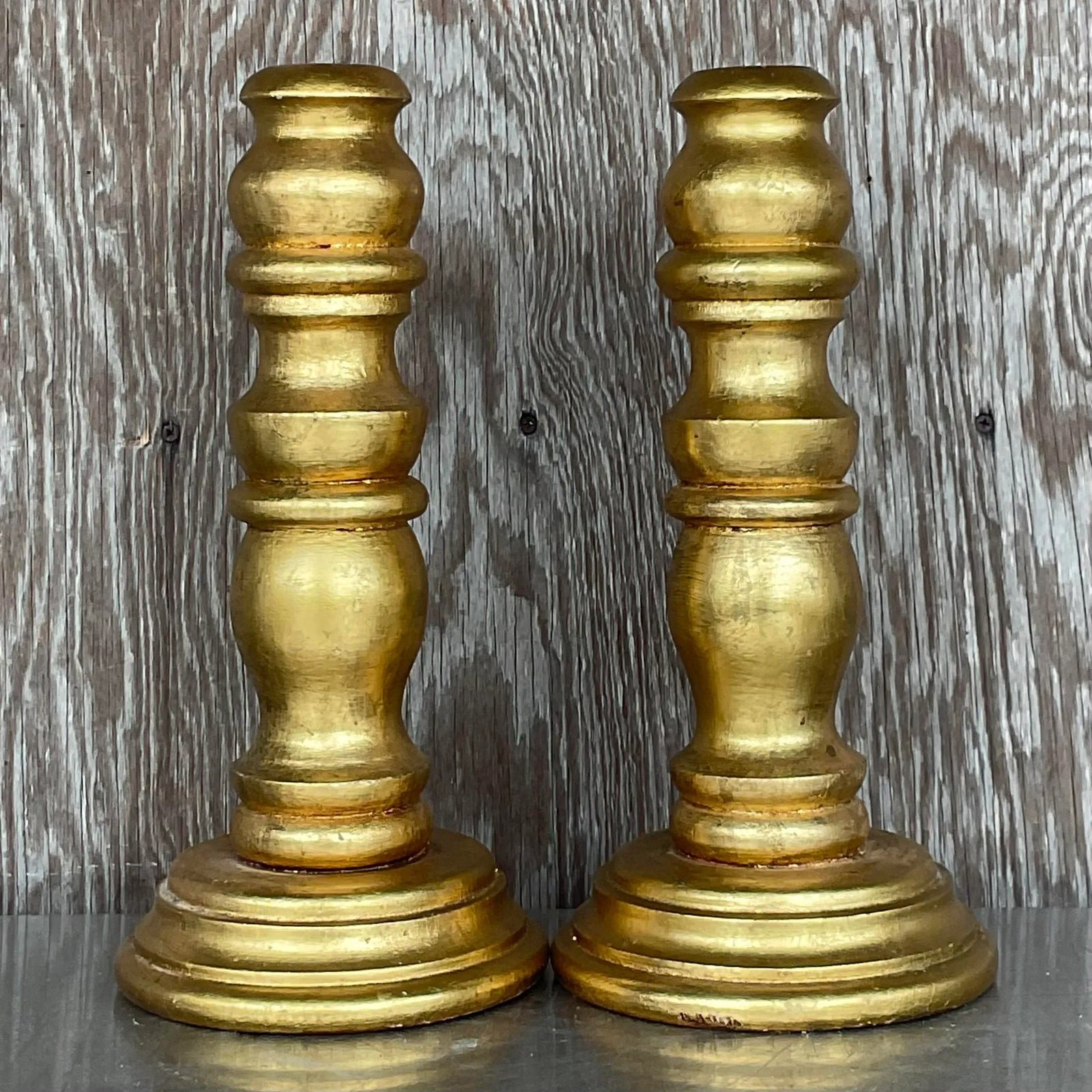 Vintage Gilt Turned Wood Candlesticks- a Pair - Top view