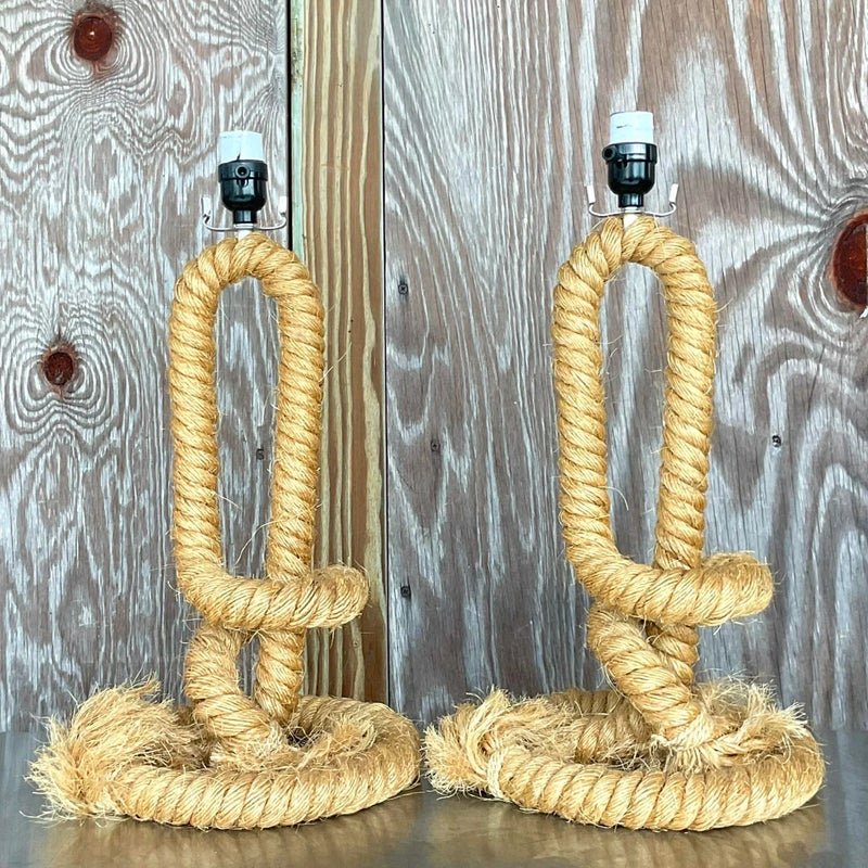 Vintage Boho Twisted Rope Table Lamps - a Pair - Back view