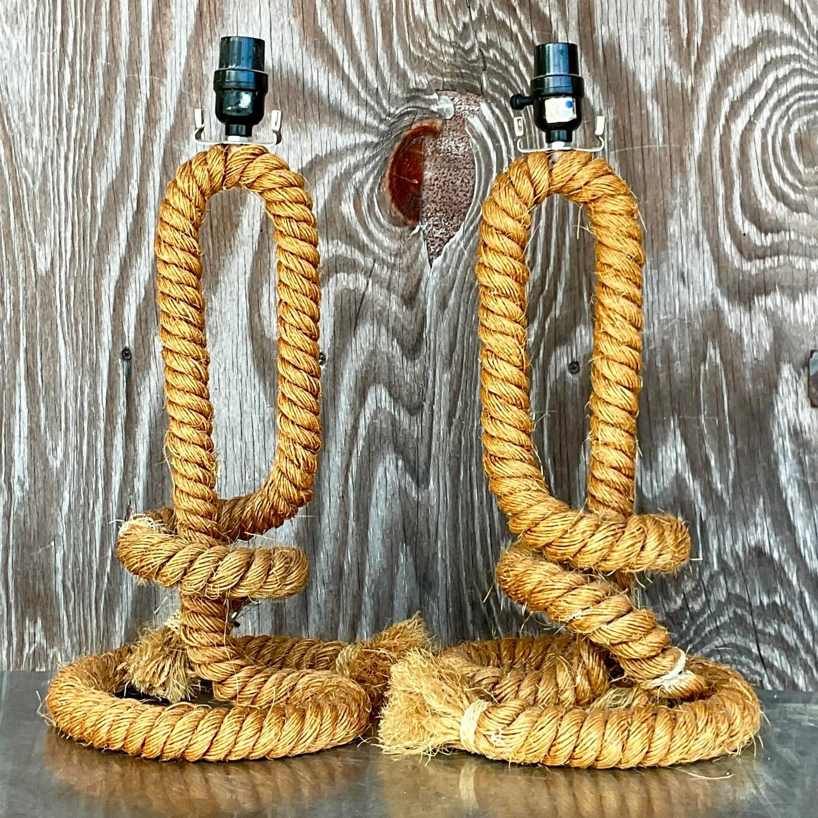Vintage Boho Twisted Rope Table Lamps - a Pair - Detail view