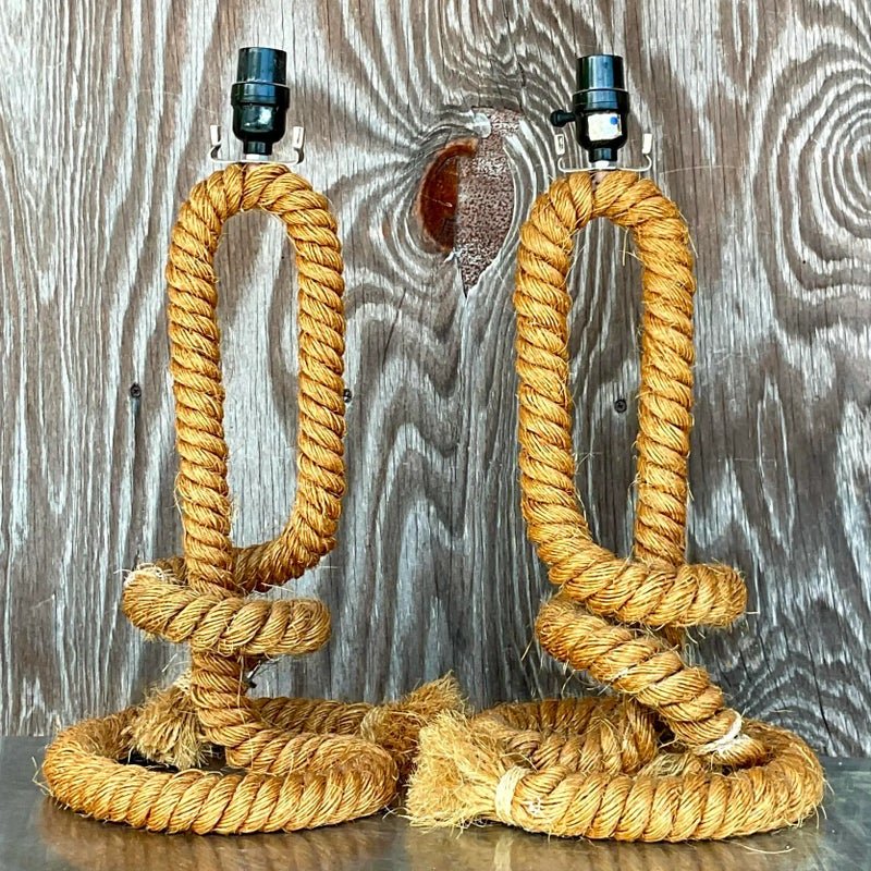 Vintage Boho Twisted Rope Table Lamps - a Pair - Side view
