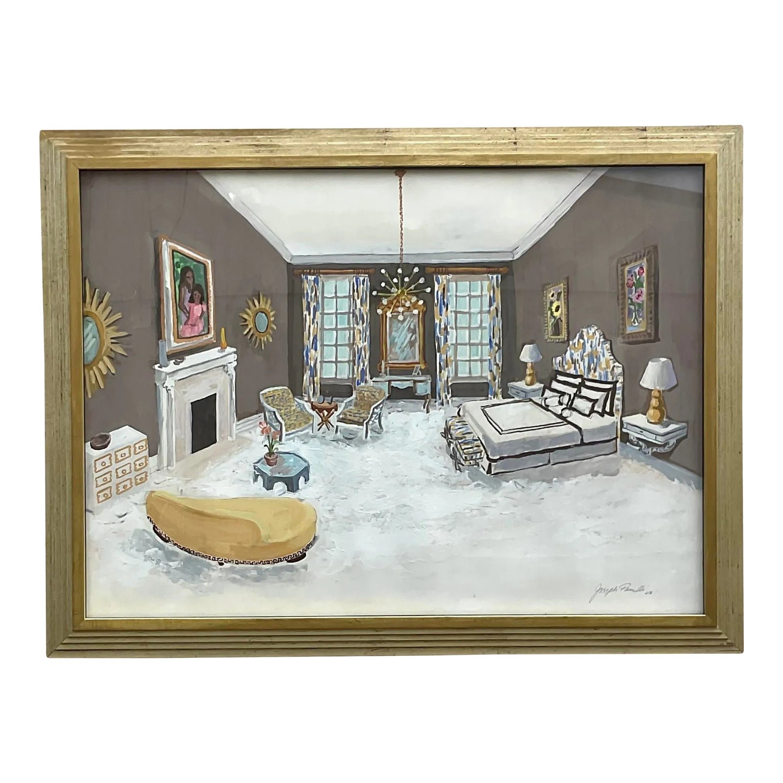 Vintage Regency Signed Interiors Painting on Paper