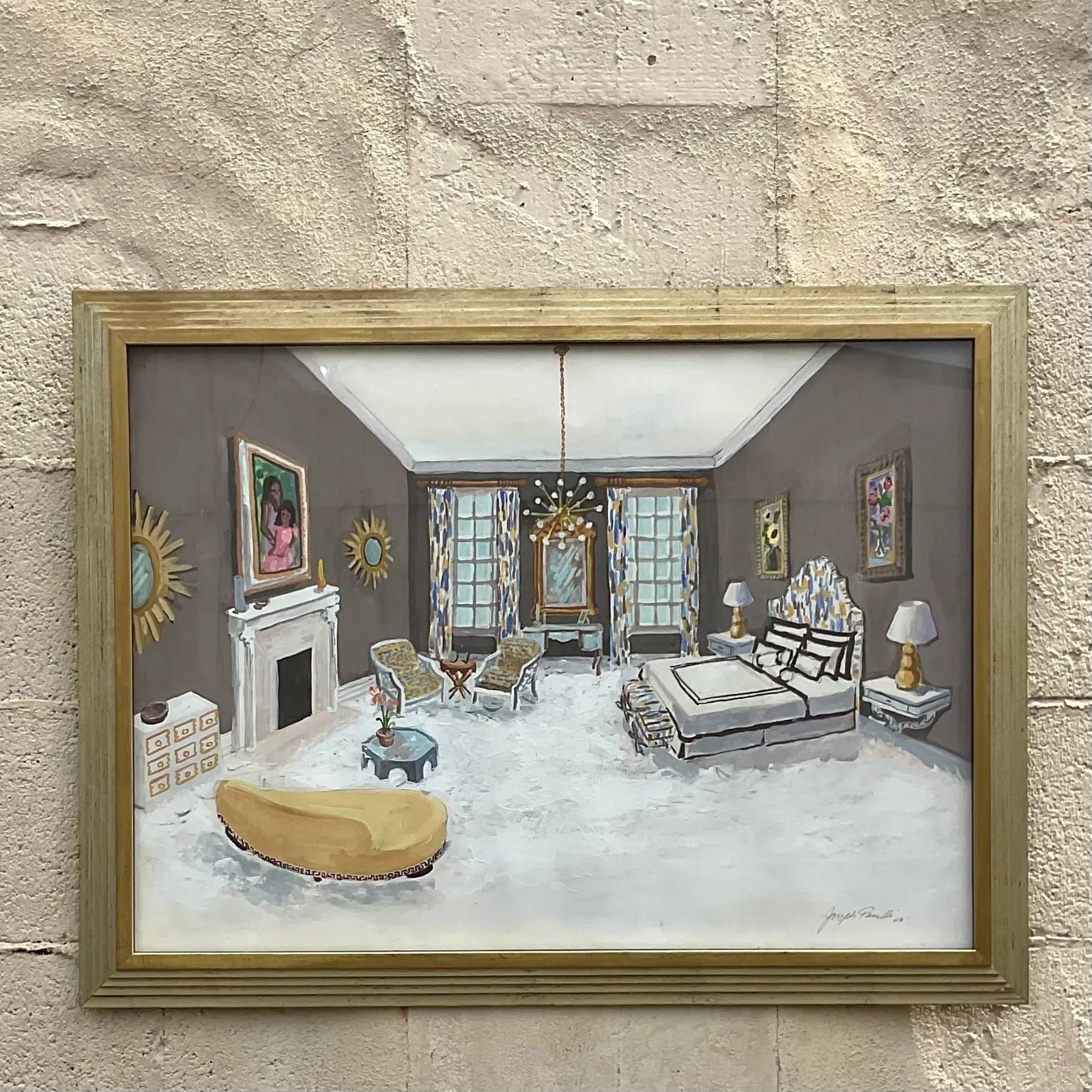 Vintage Regency Signed Interiors Painting on Paper - Detail view