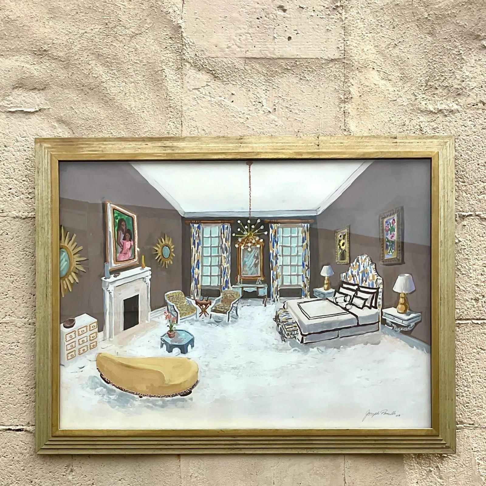 Vintage Regency Signed Interiors Painting on Paper - Side view