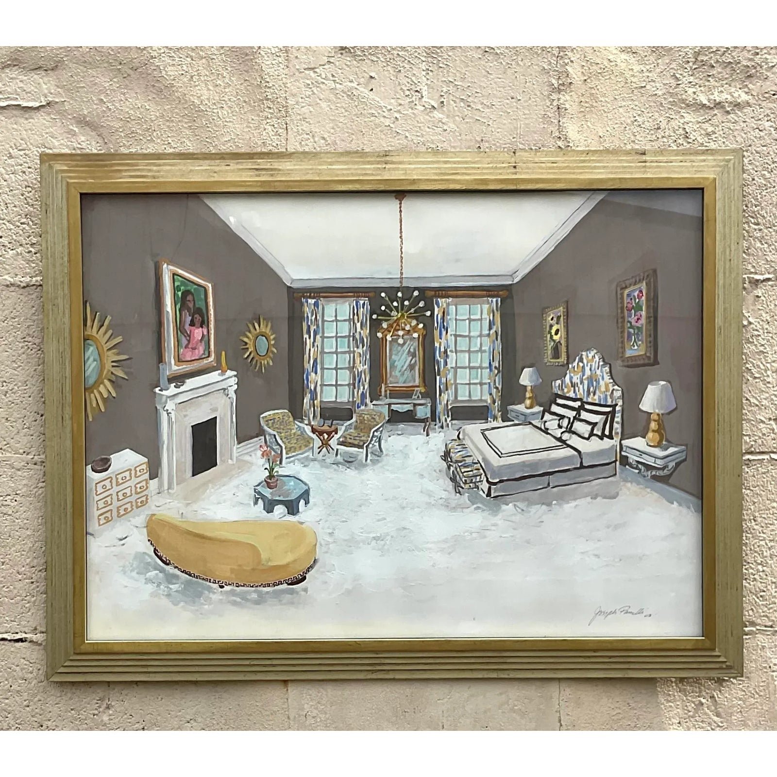 Vintage Regency Signed Interiors Painting on Paper - Back view