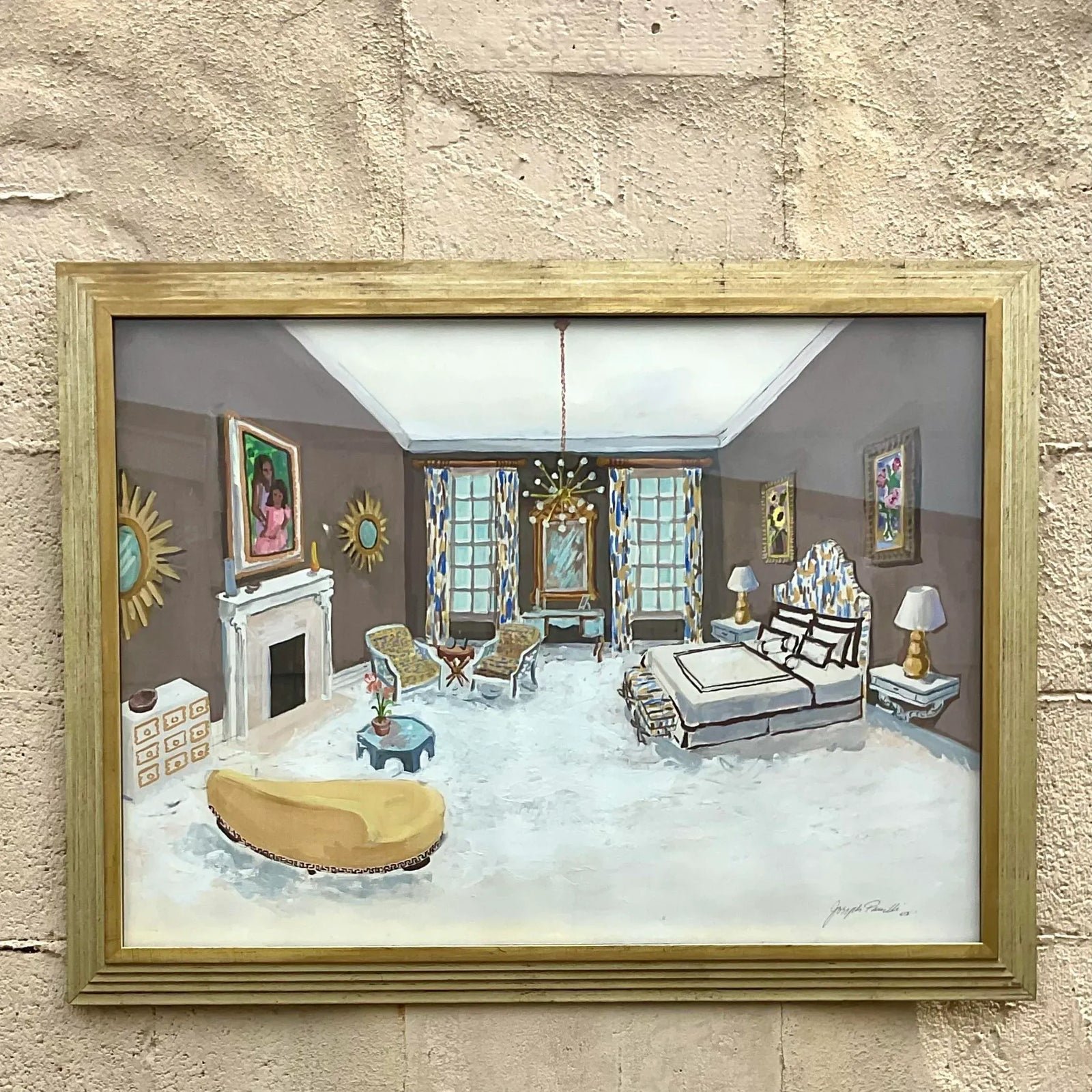 Vintage Regency Signed Interiors Painting on Paper - Top view