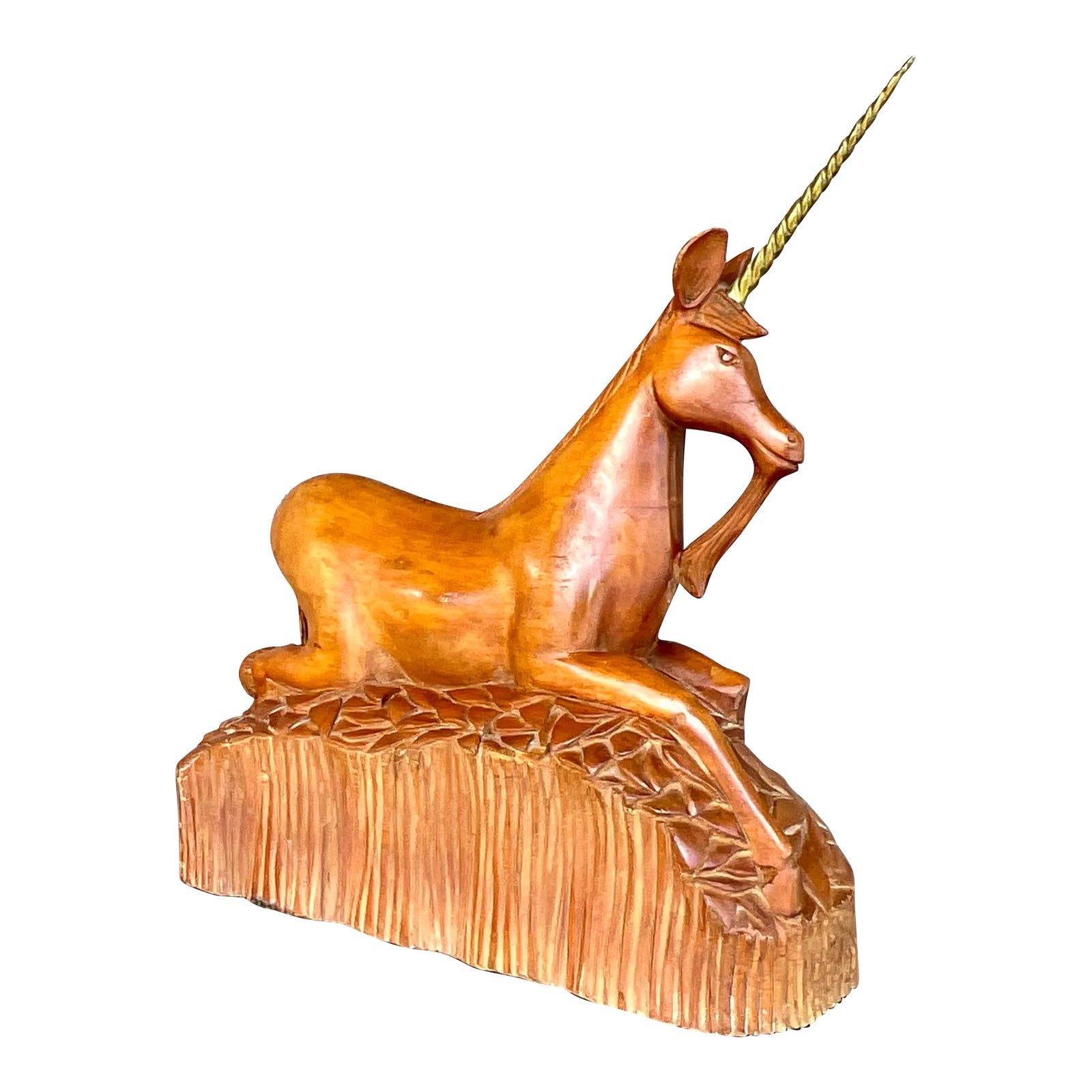 Vintage Boho Hand Carved Wood and Brass Unicorn