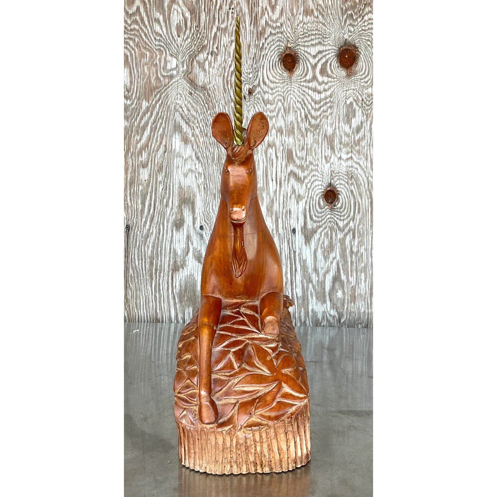 Vintage Boho Hand Carved Wood and Brass Unicorn - Back view