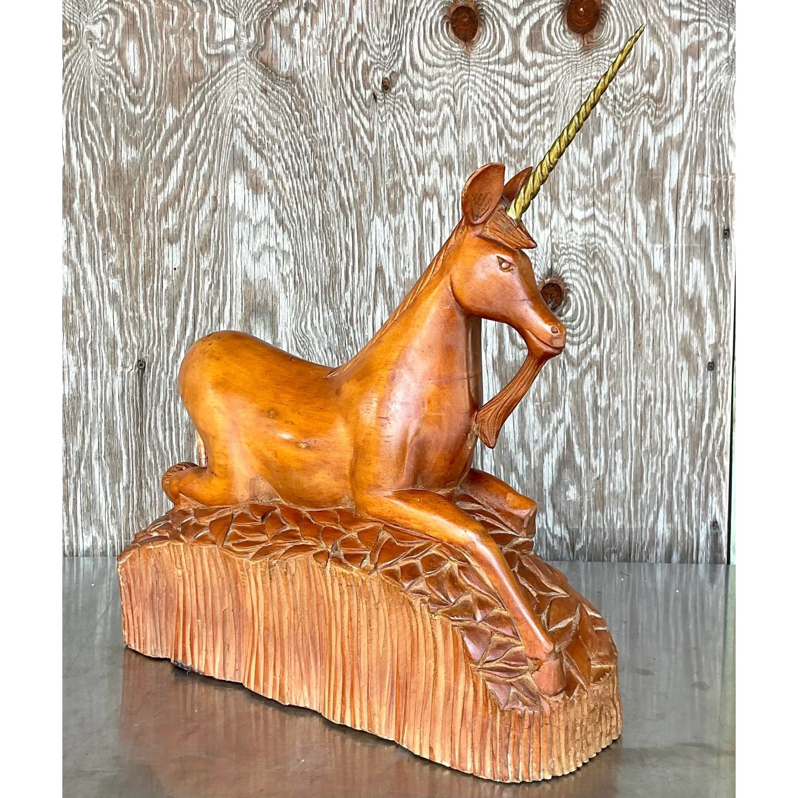 Vintage Boho Hand Carved Wood and Brass Unicorn - Detail view