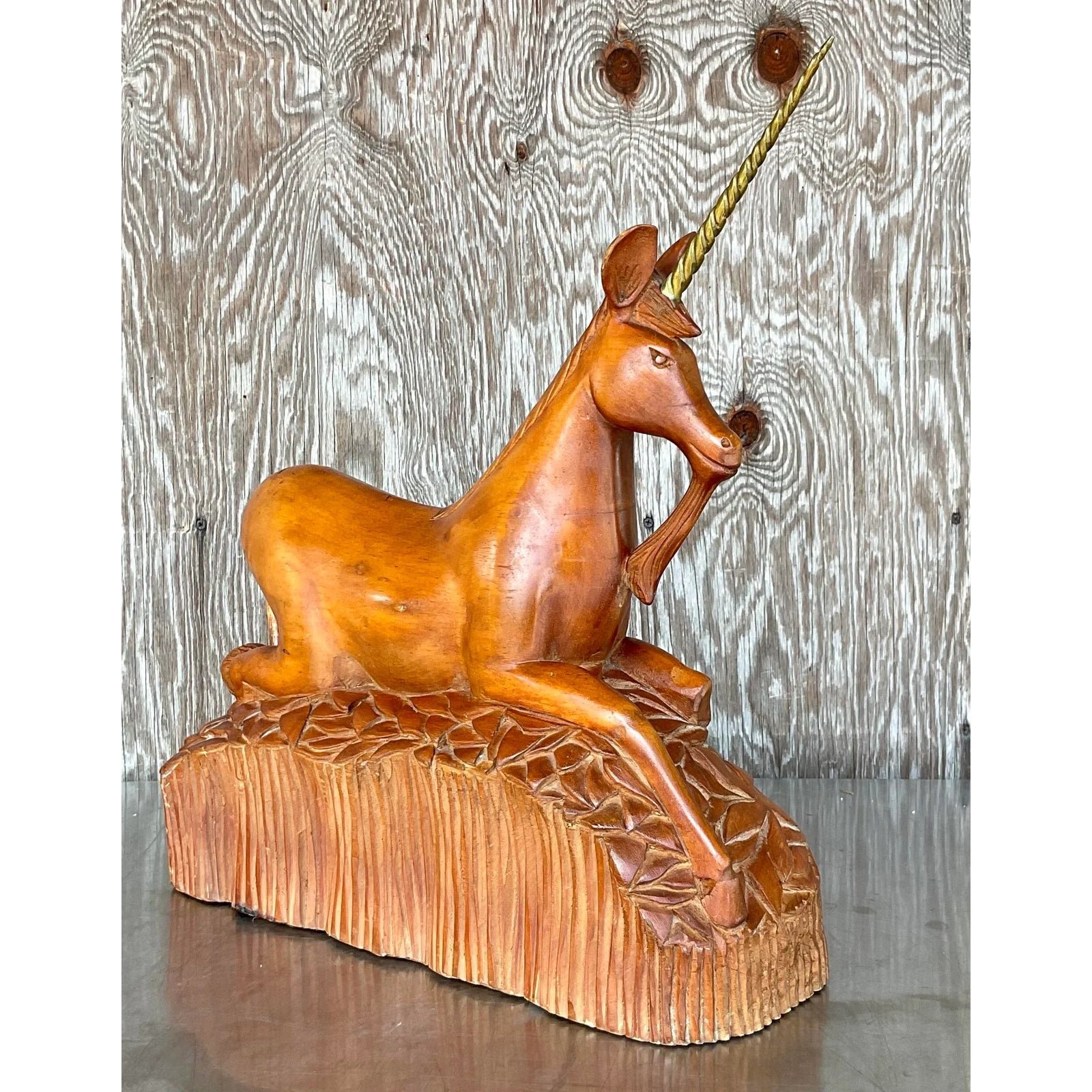 Vintage Boho Hand Carved Wood and Brass Unicorn - Top view